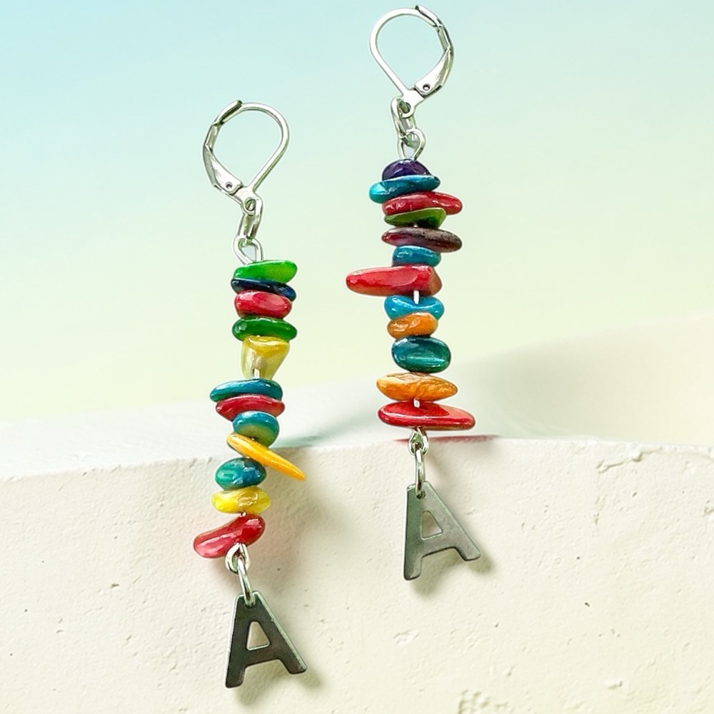 🆕 “A” Initial and Gemstones Dangle Earrings-Stainless Steel